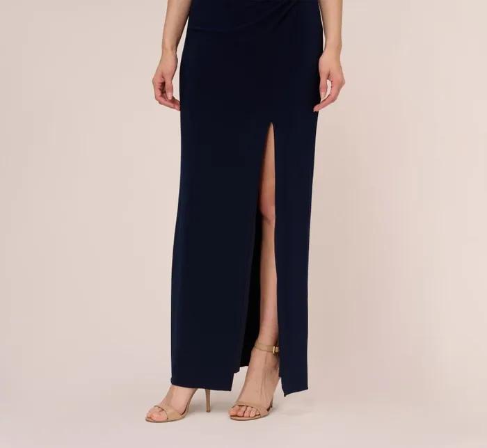 Long Dresses Womens Adrianna Papell Sleeveless Jersey Gown With Embellished Lace Cowl Back In Midnight