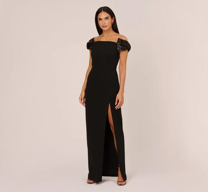 Long Dresses Womens Adrianna Papell Stretch Crepe Off The Shoulder Gown With Sequin Bows In Black