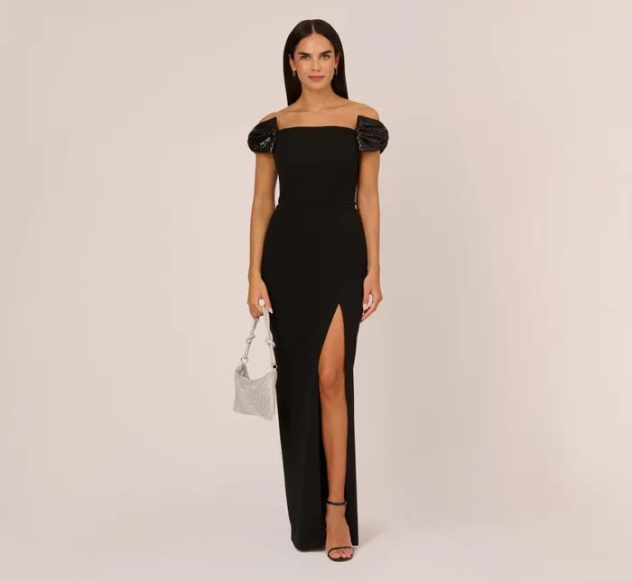 Long Dresses Womens Adrianna Papell Stretch Crepe Off The Shoulder Gown With Sequin Bows In Black