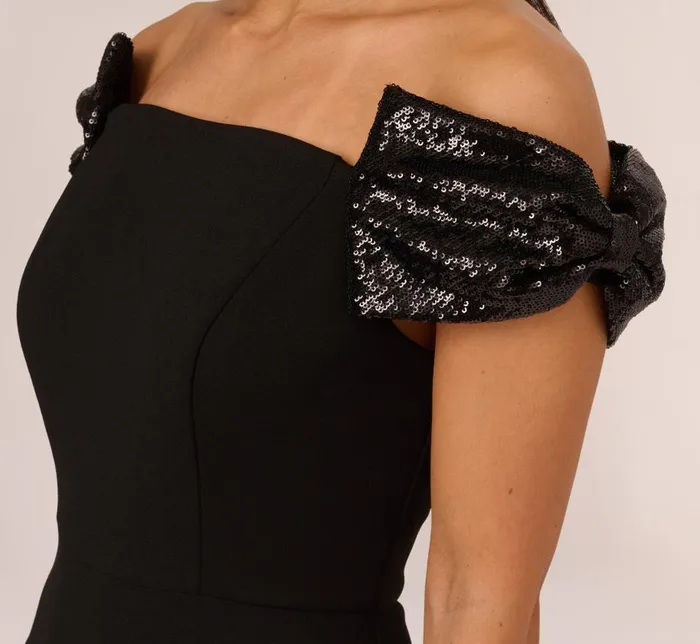 Long Dresses Womens Adrianna Papell Stretch Crepe Off The Shoulder Gown With Sequin Bows In Black