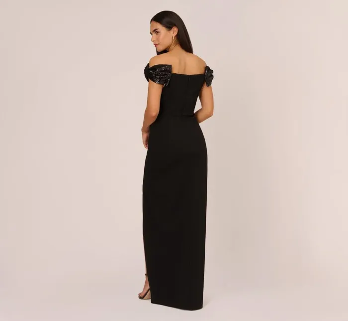 Long Dresses Womens Adrianna Papell Stretch Crepe Off The Shoulder Gown With Sequin Bows In Black