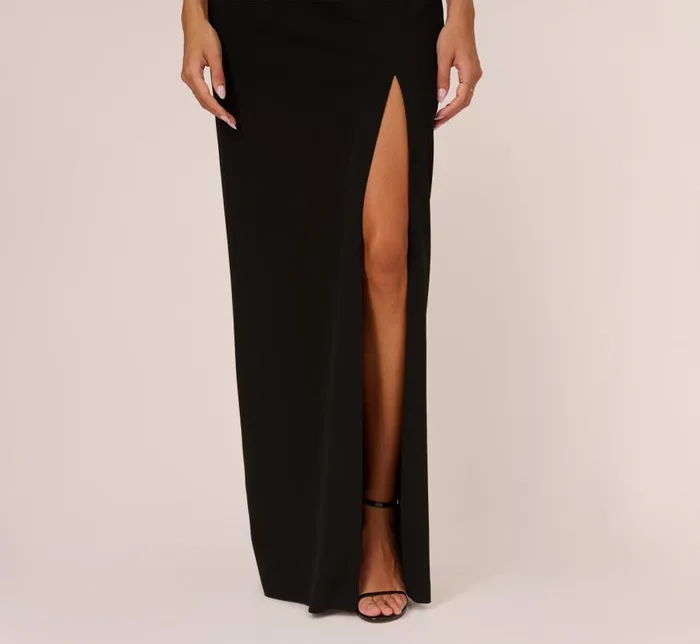 Long Dresses Womens Adrianna Papell Stretch Crepe Off The Shoulder Gown With Sequin Bows In Black