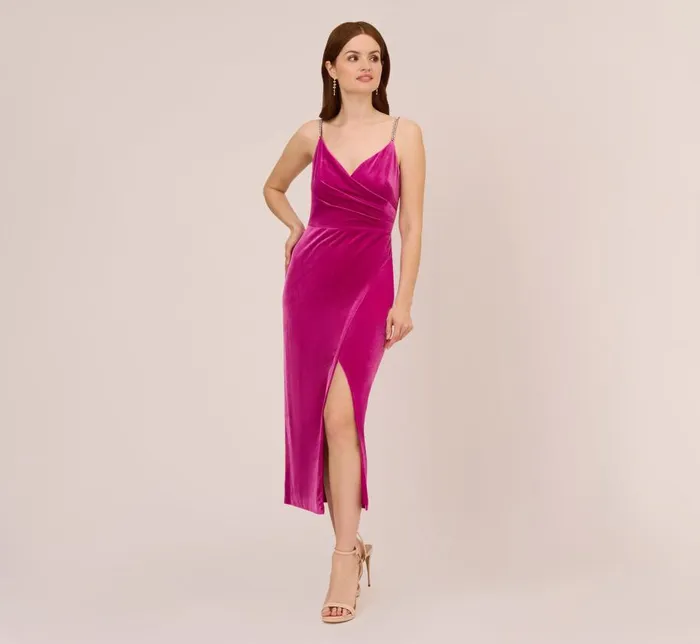 Long Dresses Womens Adrianna Papell Velvet AnkleLength Wrap Gown With Stone Straps In Orchid Delight