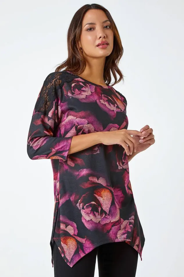 Magenta Floral Lace Detail Hanky Hem Top Women Roman Tops