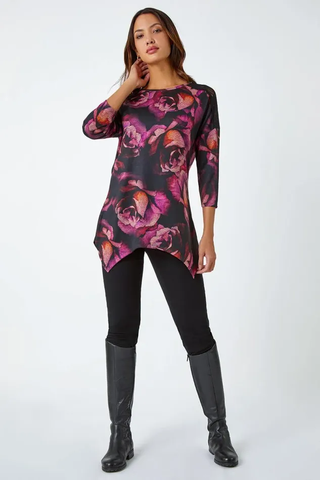 Magenta Floral Lace Detail Hanky Hem Top Women Roman Tops