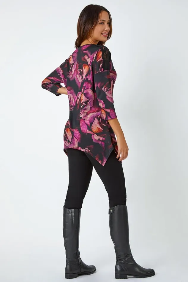 Magenta Floral Lace Detail Hanky Hem Top Women Roman Tops