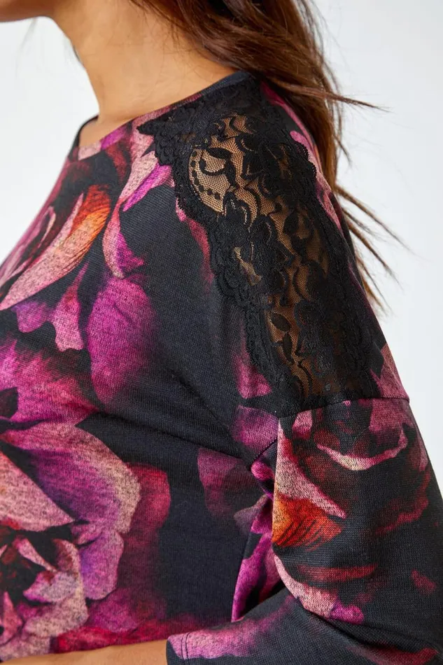 Magenta Floral Lace Detail Hanky Hem Top Women Roman Tops