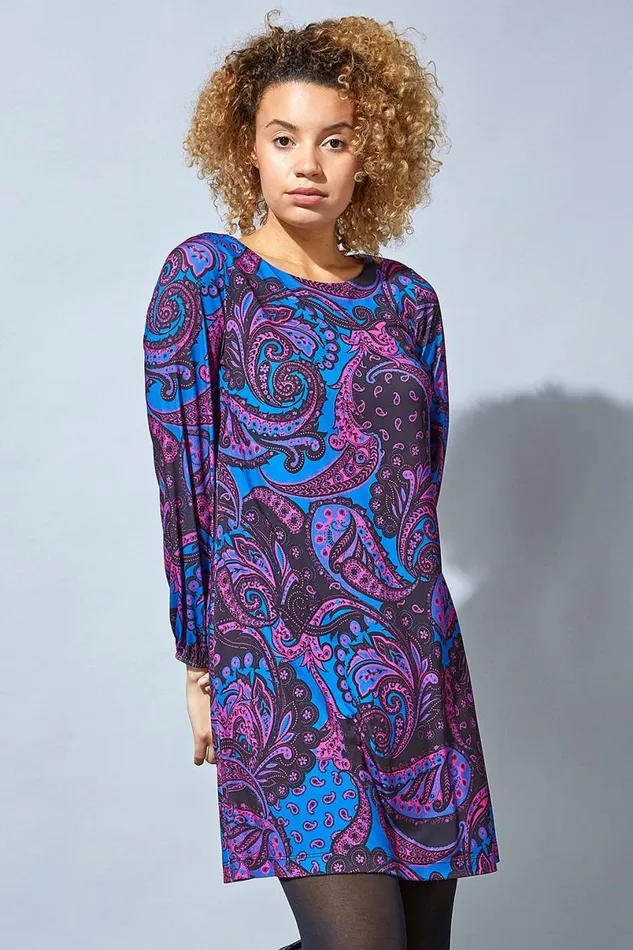 Magenta Paisley Print Swing Dress Women Roman Dresses