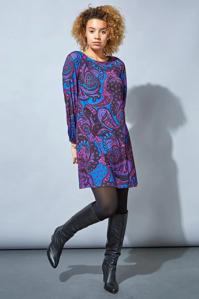Magenta Paisley Print Swing Dress Women Roman Dresses