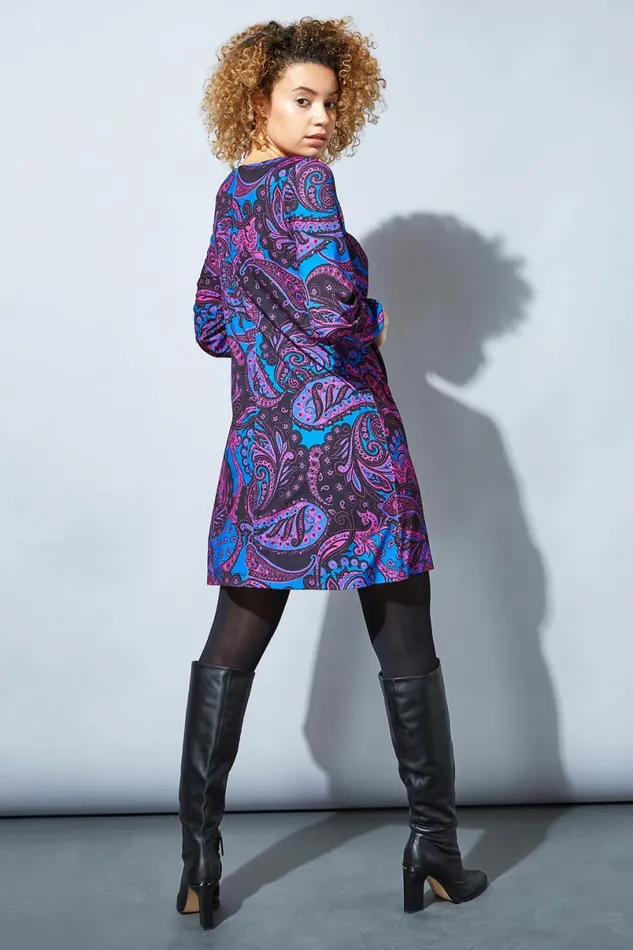 Magenta Paisley Print Swing Dress Women Roman Dresses