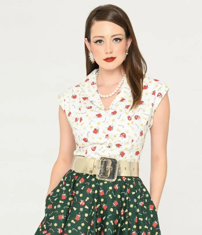 Magnolia Place White and Holiday Print Tamara Blouse ClothingPlus Unique Vintage Blouses