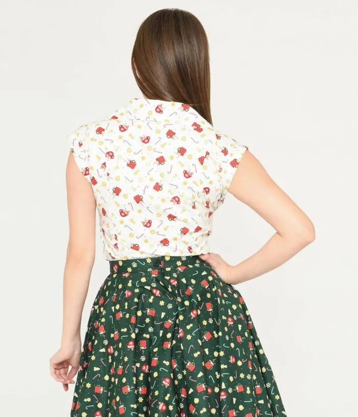 Magnolia Place White and Holiday Print Tamara Blouse ClothingPlus Unique Vintage Blouses