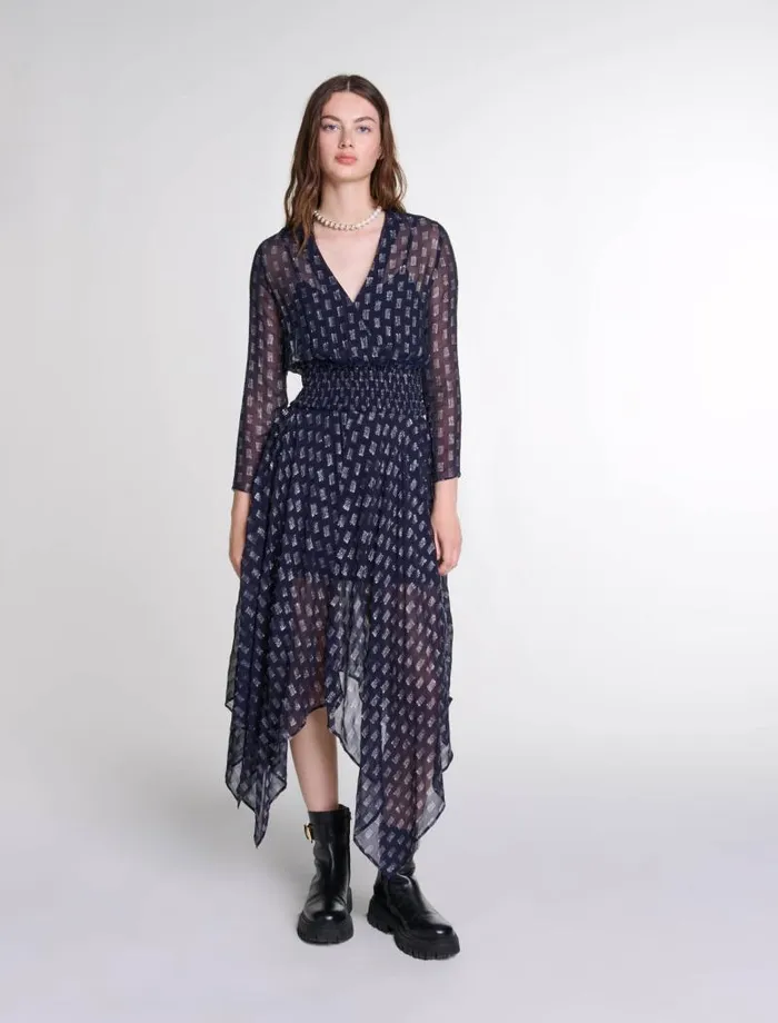 Maje Dresses Womens Asymmetrical Floral Maxi Dress Navy
