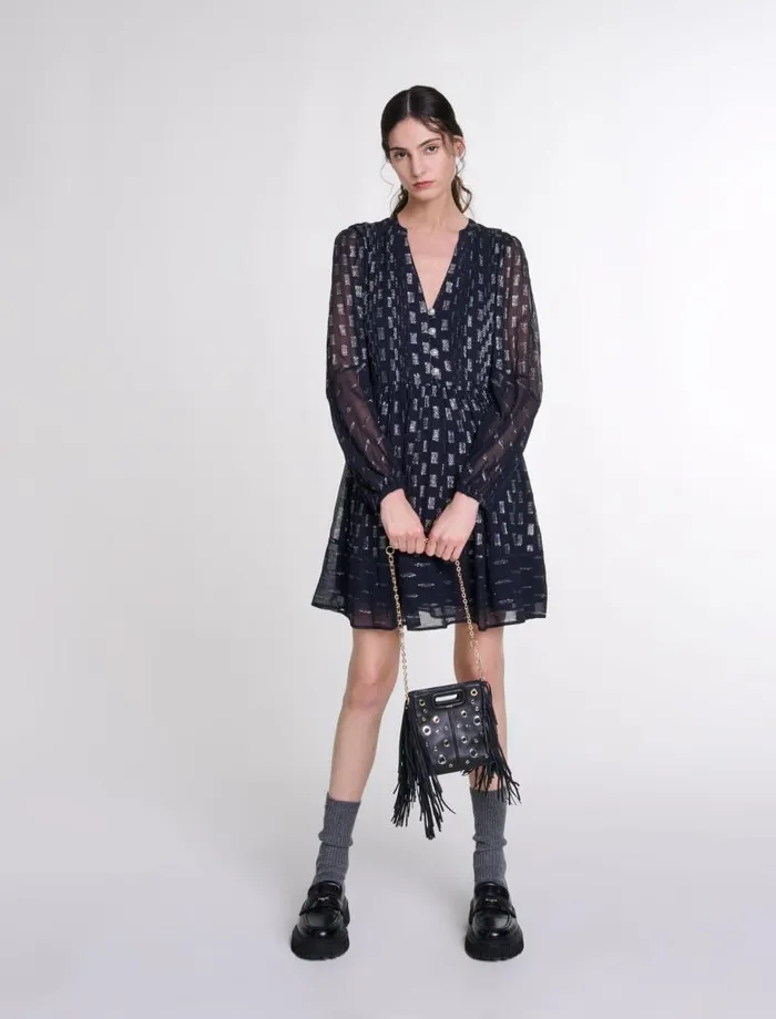 Maje Dresses Womens Pleated Floral Motif Short Dress Navy