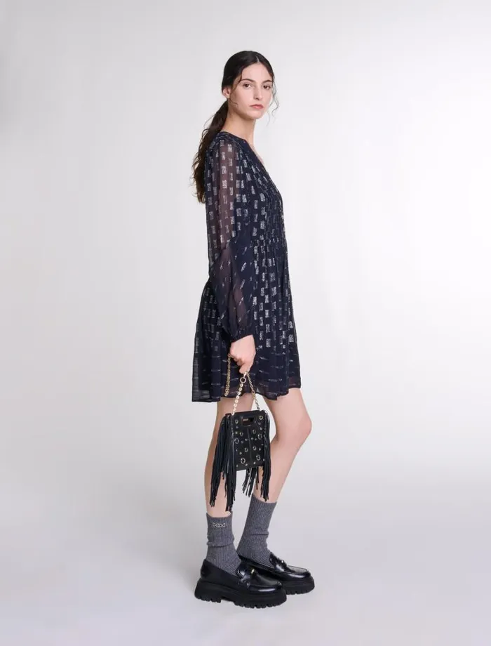 Maje Dresses Womens Pleated Floral Motif Short Dress Navy