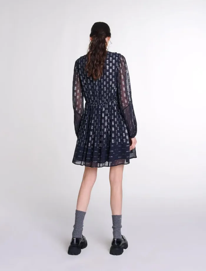 Maje Dresses Womens Pleated Floral Motif Short Dress Navy