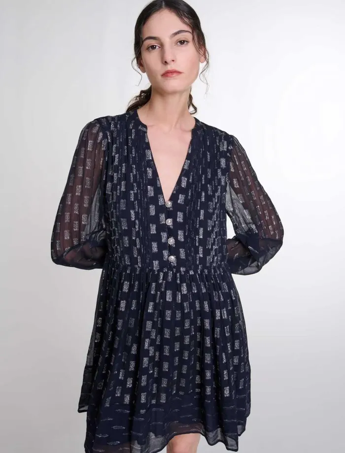 Maje Dresses Womens Pleated Floral Motif Short Dress Navy