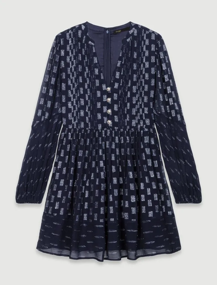 Maje Dresses Womens Pleated Floral Motif Short Dress Navy