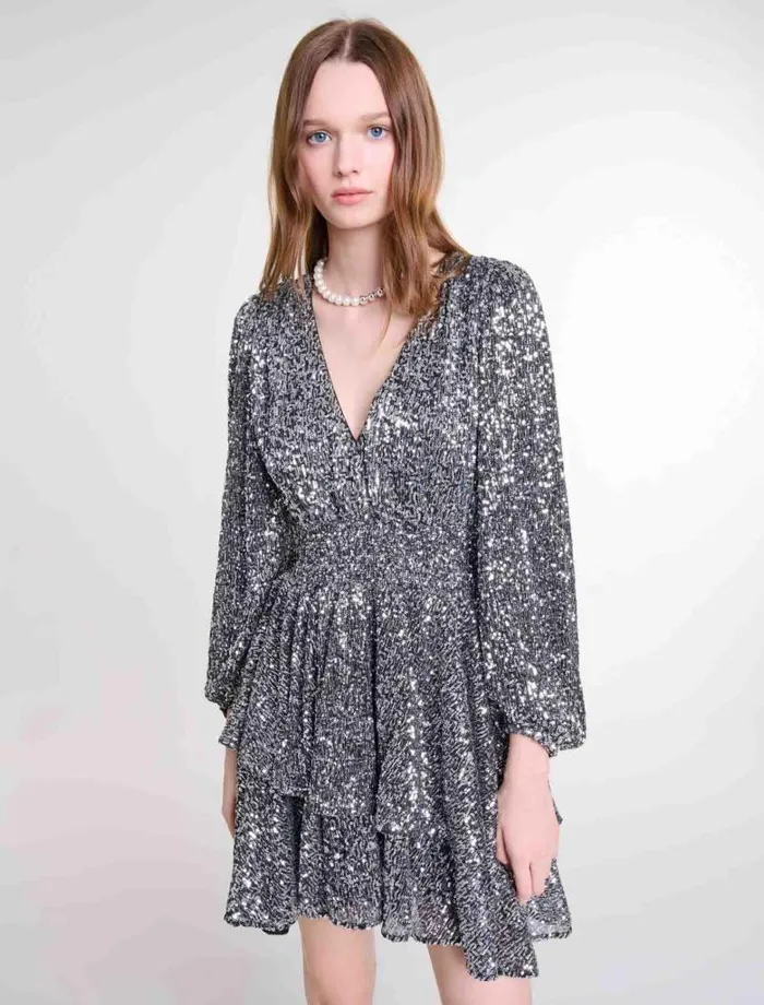 Maje Dresses Womens Short Ruffled Sequinned Dress Silver