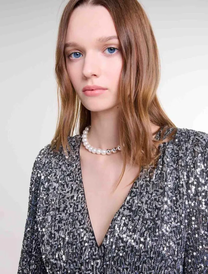 Maje Dresses Womens Short Ruffled Sequinned Dress Silver