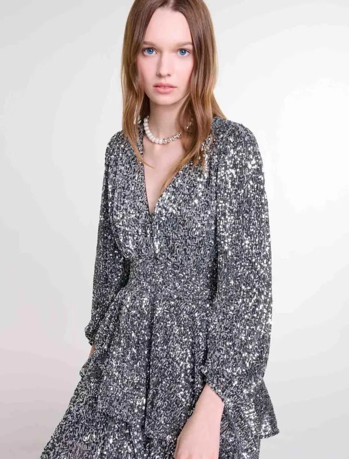 Maje Dresses Womens Short Ruffled Sequinned Dress Silver