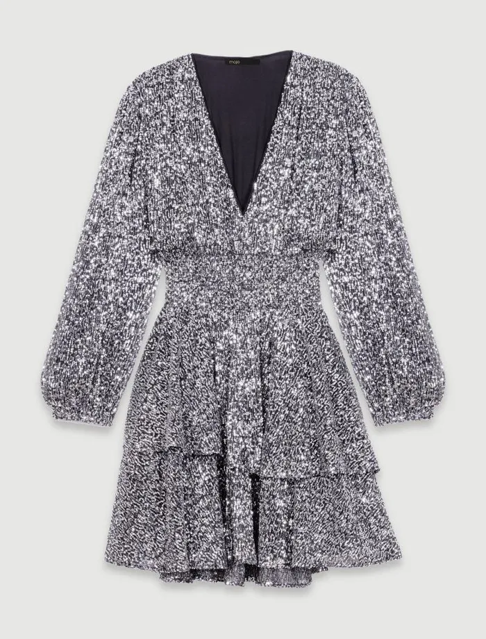 Maje Dresses Womens Short Ruffled Sequinned Dress Silver