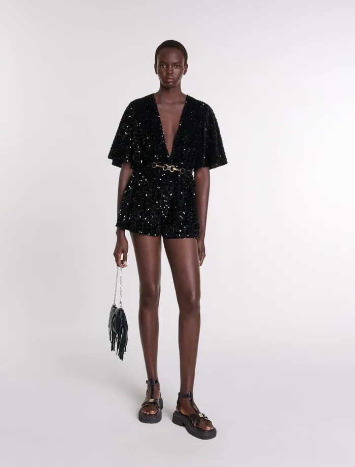 Maje Pants and Jeans Womens Sequinned Velvet Playsuit Black