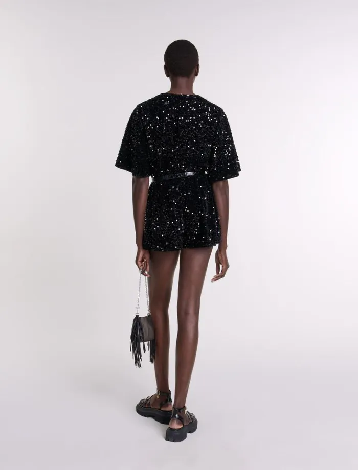 Maje Pants and Jeans Womens Sequinned Velvet Playsuit Black