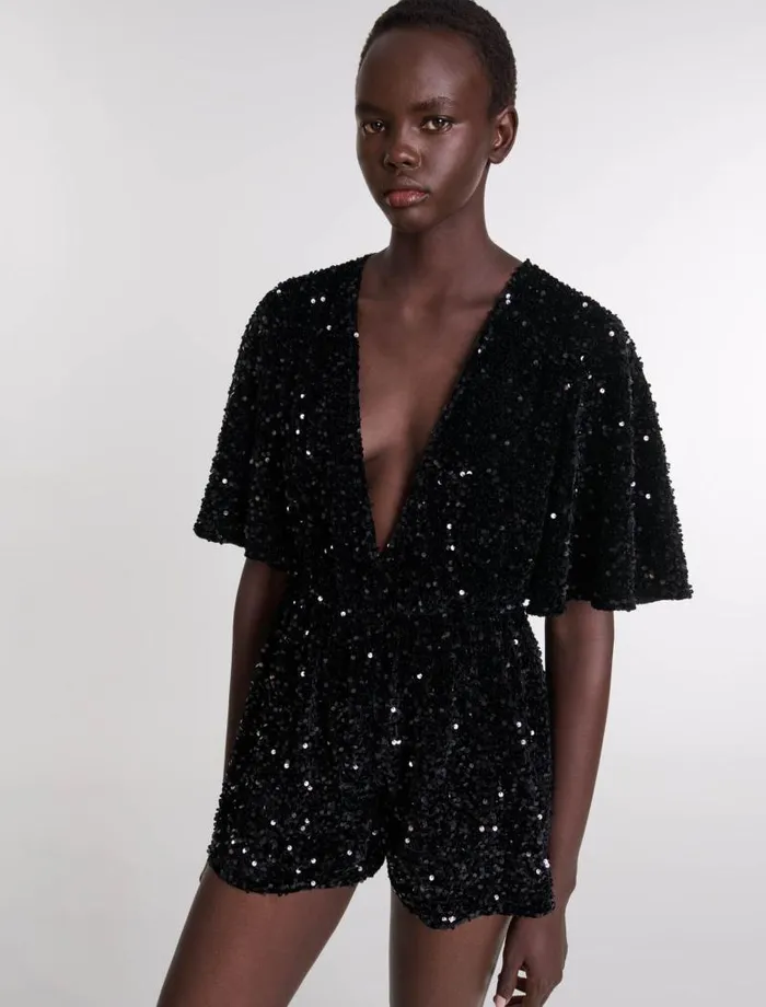 Maje Pants and Jeans Womens Sequinned Velvet Playsuit Black