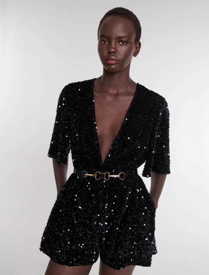 Maje Pants and Jeans Womens Sequinned Velvet Playsuit Black