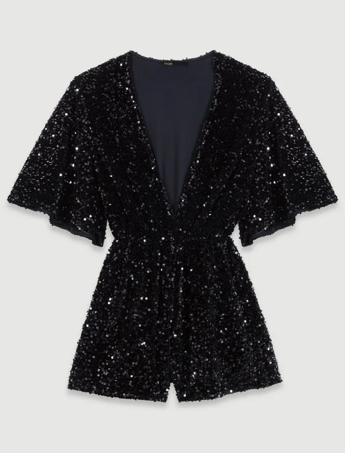 Maje Pants and Jeans Womens Sequinned Velvet Playsuit Black