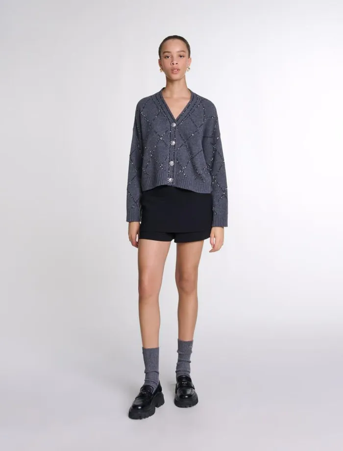 Maje Sweaters and Cardigans Womens Sequin Knit Cardigan Anthracite
