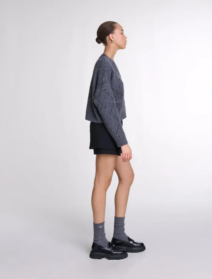 Maje Sweaters and Cardigans Womens Sequin Knit Cardigan Anthracite