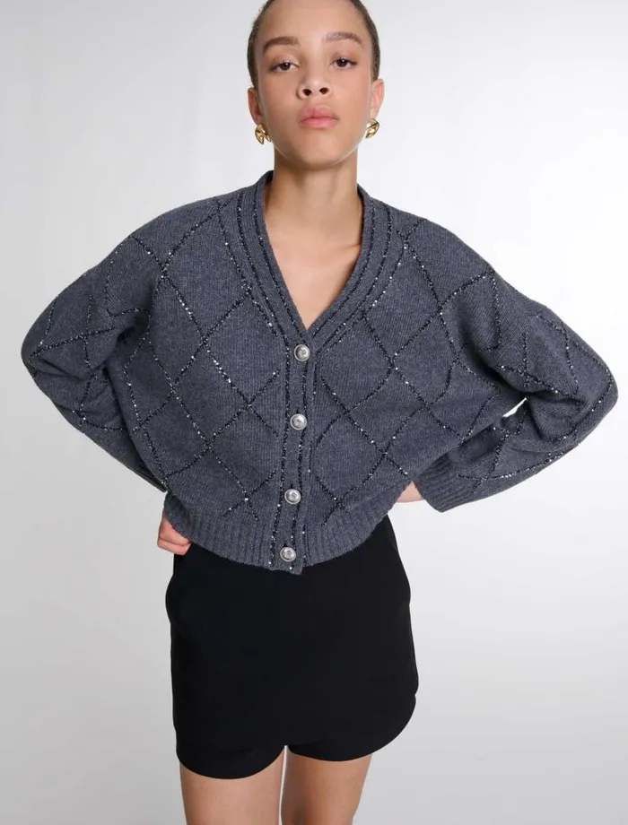 Maje Sweaters and Cardigans Womens Sequin Knit Cardigan Anthracite