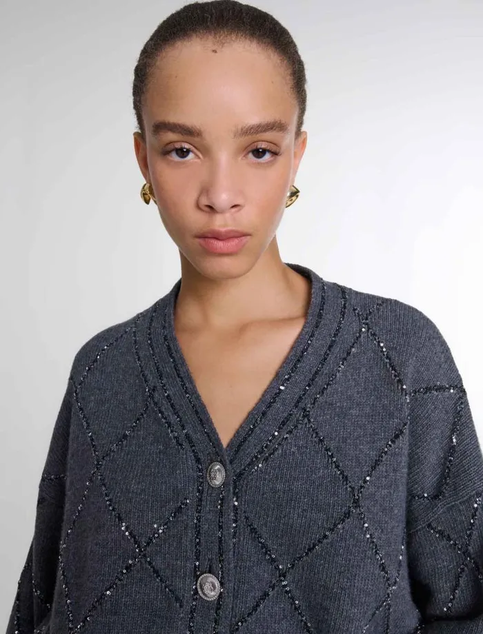 Maje Sweaters and Cardigans Womens Sequin Knit Cardigan Anthracite