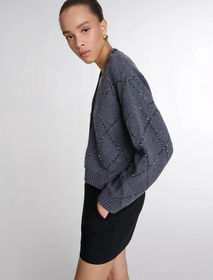 Maje Sweaters and Cardigans Womens Sequin Knit Cardigan Anthracite