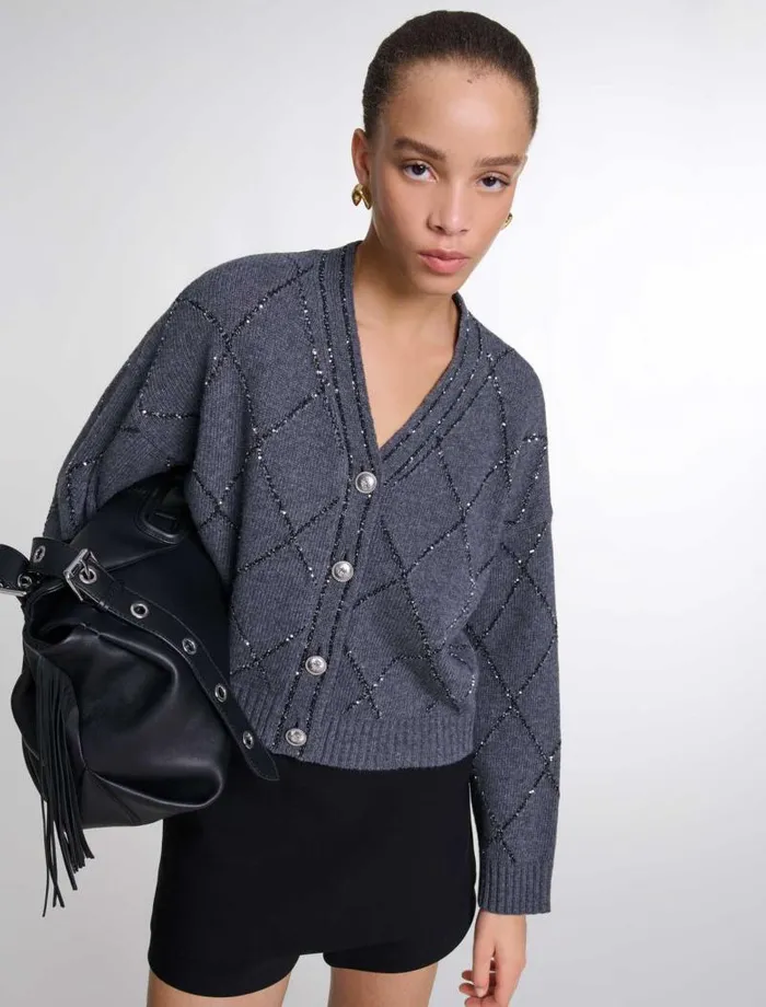 Maje Sweaters and Cardigans Womens Sequin Knit Cardigan Anthracite