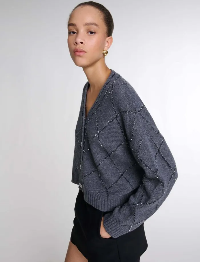 Maje Sweaters and Cardigans Womens Sequin Knit Cardigan Anthracite