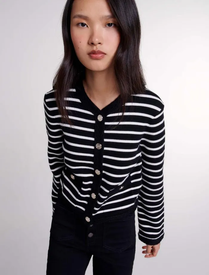 Maje Sweaters and Cardigans Womens Striped Cardigan Blackecru