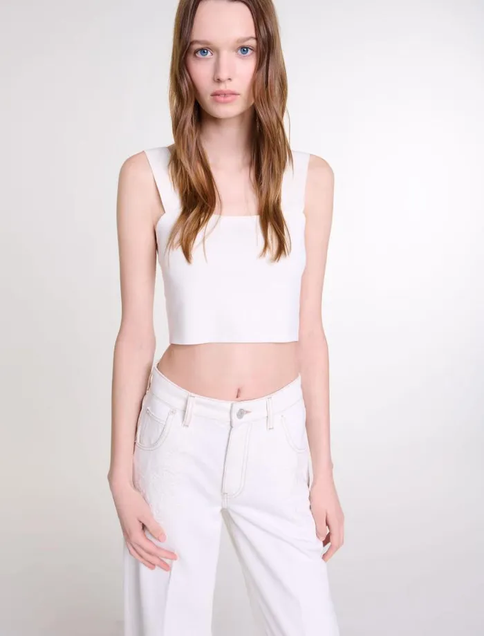 Maje Tops and Shirts Womens Knit Crop Top Ecru