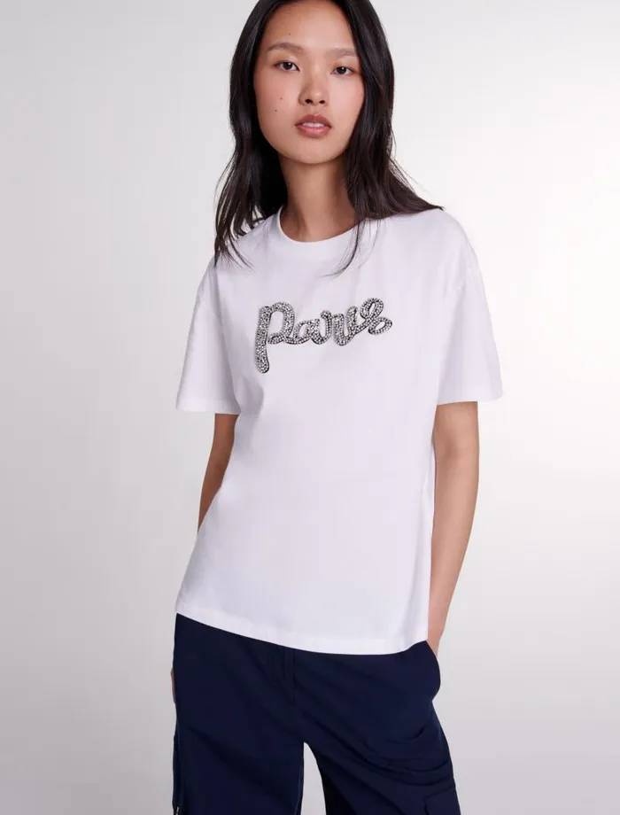Maje Tops and Shirts Womens Paris Rhinestone Tshirt White