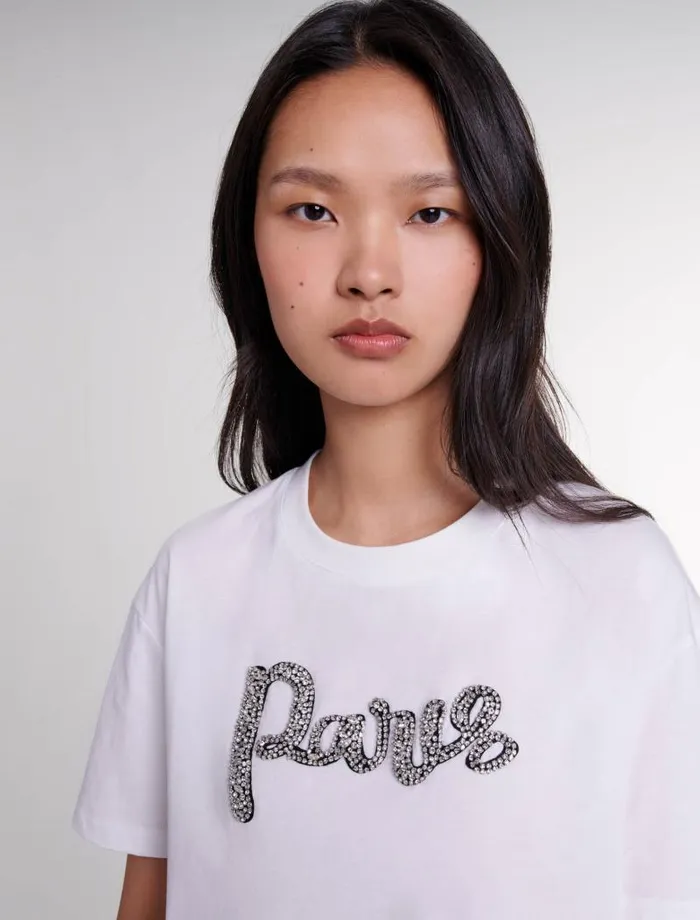 Maje Tops and Shirts Womens Paris Rhinestone Tshirt White