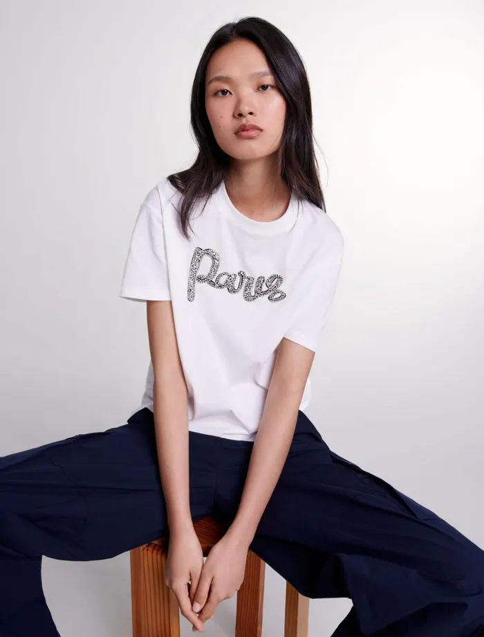 Maje Tops and Shirts Womens Paris Rhinestone Tshirt White