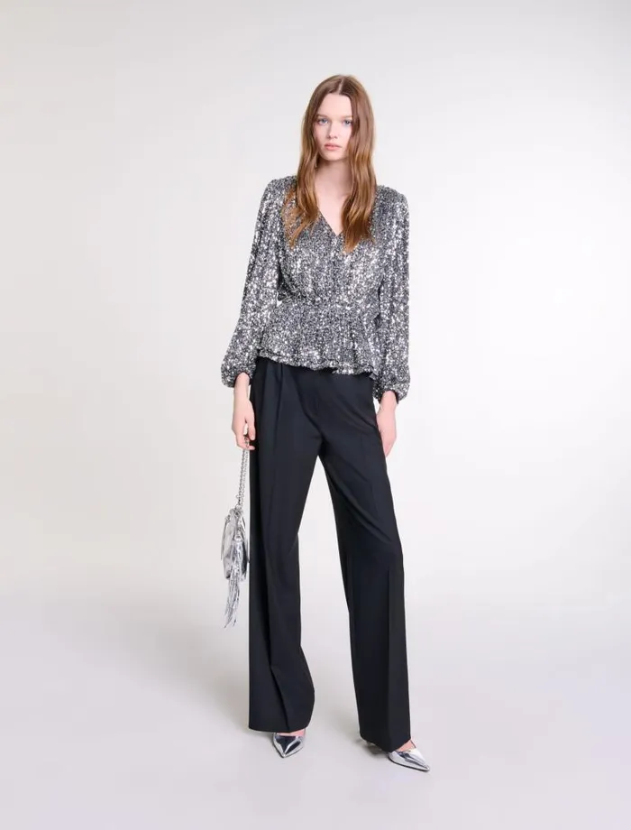 Maje Tops and Shirts Womens Smocked Sequin Top Silver