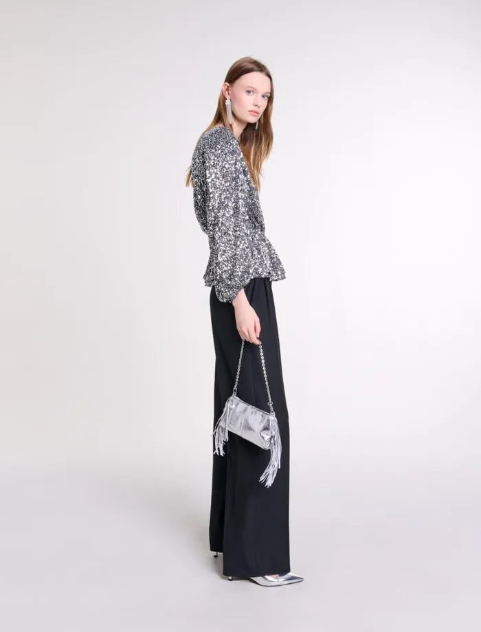 Maje Tops and Shirts Womens Smocked Sequin Top Silver