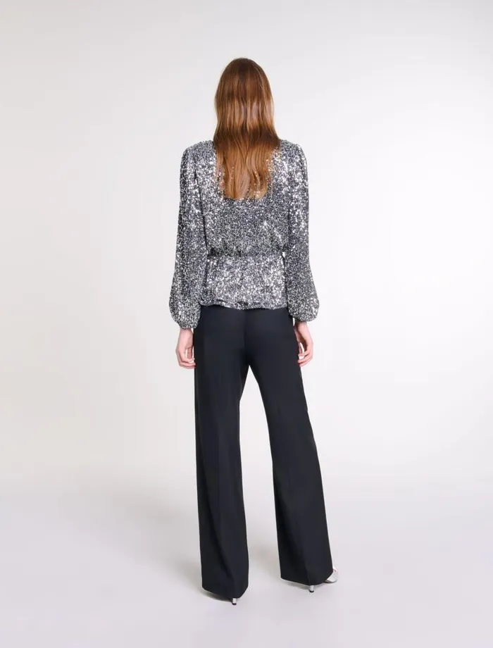 Maje Tops and Shirts Womens Smocked Sequin Top Silver