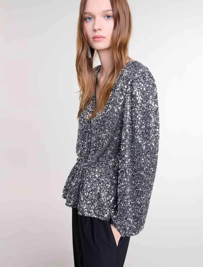 Maje Tops and Shirts Womens Smocked Sequin Top Silver