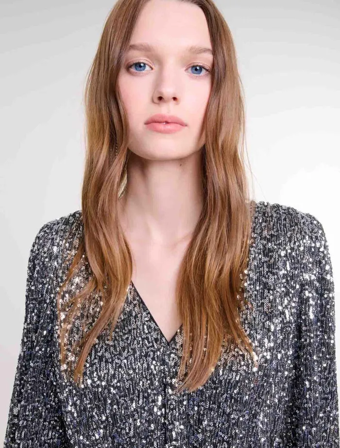 Maje Tops and Shirts Womens Smocked Sequin Top Silver
