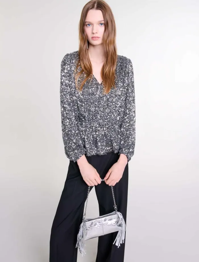 Maje Tops and Shirts Womens Smocked Sequin Top Silver
