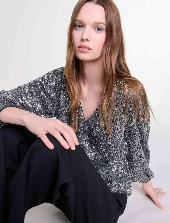 Maje Tops and Shirts Womens Smocked Sequin Top Silver